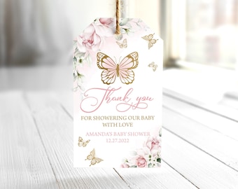 BEWERKBARE vlinder baby shower gunst tag vlinder dank u tags bloemen roze & gouden vlinder aangepaste tags vlinder douche gunsten 0162