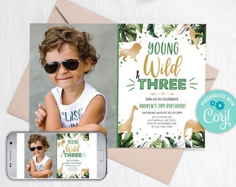 EDITABLE Young Wild and Three Birthday Invitation, Safari Party Invitation, Jungle Animal invitations, Gold Jungle Birthday Invitation, 0101