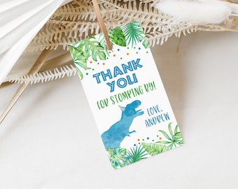 May include: Thank you for stopping by!  A blue dinosaur wearing a party hat with green leaves and orange confetti.  Love, Andrew.
