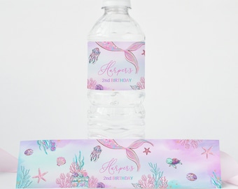 Etiqueta de garrafa de aniversário de sereia EDITÁVEL Etiqueta de garrafa de aniversário de sereia rosa Etiqueta de garrafa de pequena sereia Decoração de festa de sereia 0198