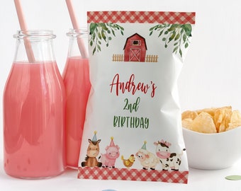 May include: Red and white gingham patterned chip bag with a red barn, green leaves, and farm animals. The bag says "Andrew's 2nd Birthday".