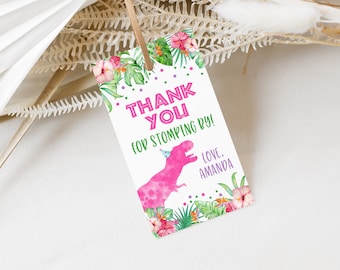 EDITABLE Dinosaur Favor Tag Printable Dinosaur T-Rex Birthday Thank You Tags Pink Dinosaur Prehistoric Party Tags Dino T-Rex Favor Tag 0237