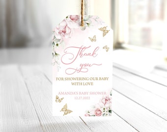 BEWERKBARE vlinder baby shower gunst tag vlinder dank u tags bloemen roze & gouden vlinder aangepaste tags vlinder douche gunsten 0162