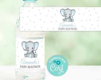 EDITABLE Elephant Bottle Label Blue Elephant Baby Shower Water Labels Printable Boy Elephant Baby Shower Bottle Label Template 0166