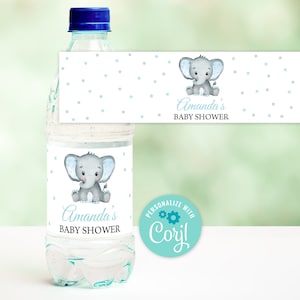 EDITABLE Elephant Bottle Label Blue Elephant Baby Shower Water Labels Printable Boy Elephant Baby Shower Bottle Label Template 0166