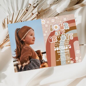Editable Four Ever Groovy Birthday Party Invitation Daisy Hippie 70&#39;s Retro 4th Birthday Invitation Groovy Rainbow Party Invitation 0170