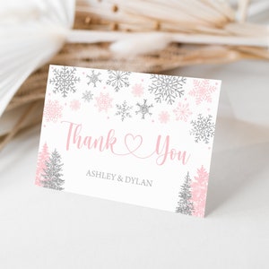Bearbeitbare Mädchen Schneeflocke Danke Klappkarte Rosa Schneeflocken Dankeskarte Winter Wonderland Baby Shower Dankeskarte Printable 0187