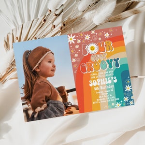 Editable Four Ever Groovy Birthday Party Invitation Daisy Hippie 70&#39;s Retro 4th Birthday Invitation Groovy Rainbow Party Invitation 0170