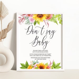 Sunflower Don&#39;t Say Baby Shower Sign Rustic Sunflower Baby Shower Decoration Watercolor Sunflower Don&#39;t Say Baby Game 0113