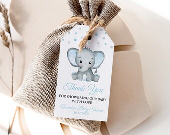 Elephant Baby Shower Favor Tag, Printable Blue (Editable)