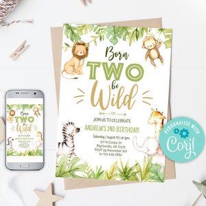 EDITIERBARE Born Two Be Wild Geburtstagseinladung, Safari Party Einladung, Dschungel Tier Einladungen, Dschungel Geburtstagseinladung, 0107