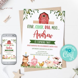 Editable Farm Birthday Invitation. Red Farm Animals Birthday Invite, Boy Barnyard Birthday, Gender Neutral Farm Invitations 0106