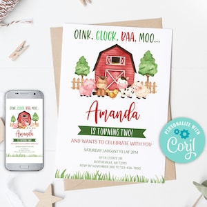 Editable Farm Birthday Invitation. Red Farm Animals Birthday Invite, Boy Barnyard Birthday, Gender Neutral Farm Invitations 0106