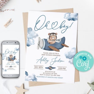 Invito modificabile per baby shower a forma di orso con aeroplano Orso su un aereo Possiamo aspettare a fatica Invito per baby shower a forma di aeroplano blu Vola alto Aviator 0209