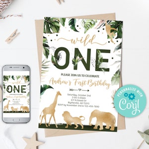 EDITABLE Safari Party Invitation, Wild One Birthday Invitation, Jungle WILD One Animal invitations, Gold Jungle Birthday Invitation, 0101 image 1