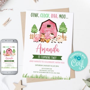 Editable Farm Birthday Invitation. Pink Farm Animals Birthday Invite, Girl Barnyard Birthday, Girl Farm Invitations 0106