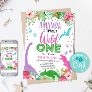 EDITABLE Girl Dinosaur Birthday Invitation, Wild One Birthday Invitation, Dino Birthday invitations, Pink Dinosaur Birthday Invitation, 0207
