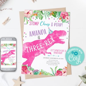 EDITABLE Three-Rex Dinosaur Birthday Invitation Girl Dino T-Rex Invitation Third Birthday Dino Invite Pink Dinosaur Party Invitation 0237