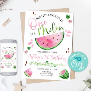 Watermelon Birthday Invitation One in a Melon 1st Birthday Invitation Editable Watermelon Invitation Pink Watermelon Party Invitation 0118