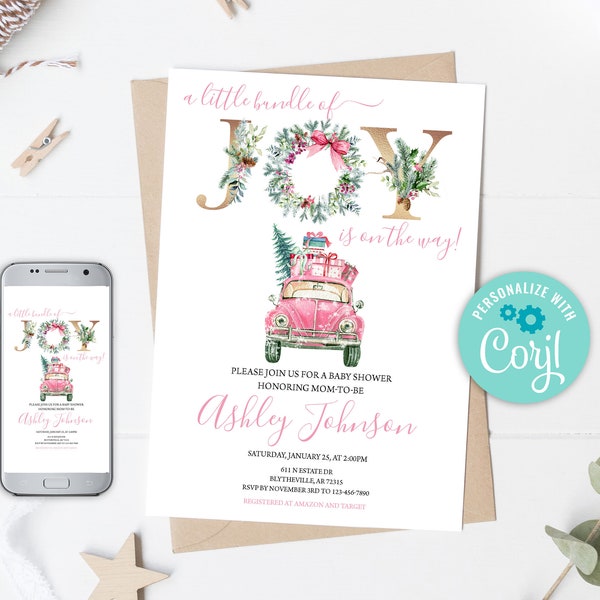 Editable Winter Baby Shower Invitation, Christmas Baby Shower Invitation, Bundle of Joy is on the Way, Holiday Baby Shower Invitation 0133