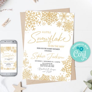 Editable Snowflake Baby Shower Invitation, A little snowflake is on the way Invitation, Winter wonderland Baby Shower, Gold Baby Shower 0131