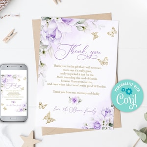 Bearbeitbare Schmetterling Dankeskarte Floral Schmetterling Dankeskarte Lila und Gold Floral Baby Shower Dankeskarte Printable 0164
