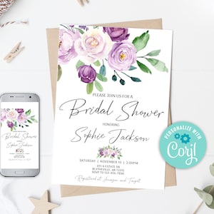 Purple Floral Bridal Shower Invitation, Blush Lilac Bridal Shower, Lavender Bridal Shower, Violet Floral Bridal Shower Invitation 0128