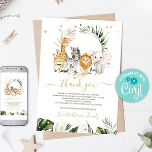 Tarjeta de agradecimiento de animales SALVAJES EDITABLE, Tarjeta de agradecimiento de Baby Shower de la selva, Tarjeta de agradecimiento de Safari, Animales de fiesta León Jirafa Elefante 0130