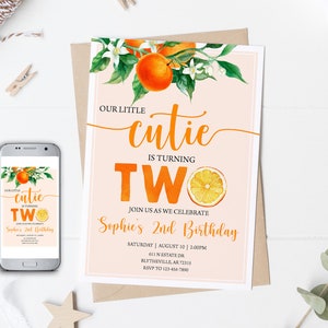 Our Little Cutie is Turning Two Invitation Editable Orange 2nd Birthday Invitation Cutie Birthday Invitation Orange Gender Neutral 0147