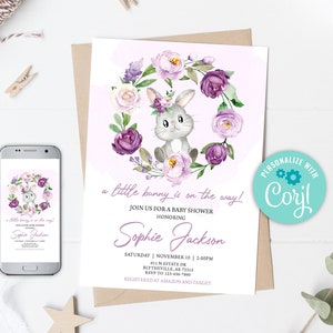 Editable Bunny Baby Shower Invitation Girl Bunny Baby Shower Invitation Purple Floral Baby Shower Invitation Lilac Bunny Invitation 0146