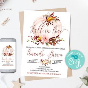 EDITABLE Fall Leaves Pumpkin Bridal Shower Invitation, Fall Bridal Shower Invitation, Fall In Love Bridal Shower, Autumn Pumpkin Shower 0123