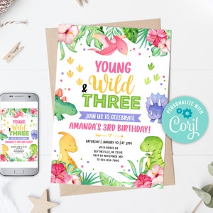 EDITABLE Young Wild and Three Birthday Invitation, Girl Dinosaur Birthday Invitation, Dino Birthday Invite, Pink Dinosaur Invitation 0135