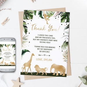 EDITABLE Gold WILD Animal Merci carte, carte de remerciement anniversaire Jungle, carte de remerciement Safari, fête animaux Lion girafe éléphant, 0101