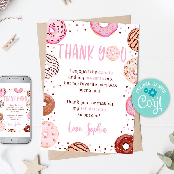 Editable Donut Thank You Card, Pink Donut Birthday Party Thank You, Doughnut Thank You Card, Girl Sweet First Birthday 0105