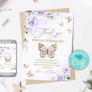 Cartão de agradecimento de borboleta editável, cartão de agradecimento floral de lavanda, cartão de agradecimento floral roxo e dourado, cartão de agradecimento de aniversário para impressão 0164
