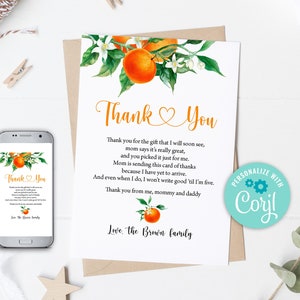 Bearbeitbare Orange Dankeskarte Citrus Baby Shower Dankeskarte A Little Cutie is on the Way Baby Shower Dankeskarte Printable 0147