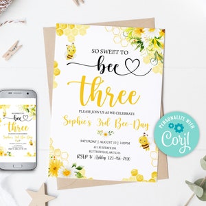 Editable 3rd Bee Birthday Invitation Bumble Bee Birthday Party 3rd Bee Day Honey Bee Birthday Invite Bee Invitation Sweet to Bee Three 0148