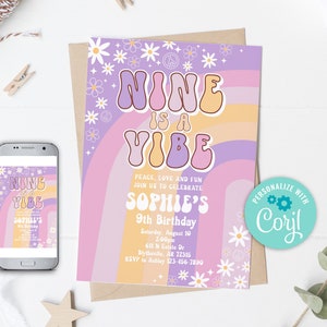 Editable Nine Is A Vibe Groovy Birthday Invitation Daisy Hippie 70&#39;s Retro 9th Birthday Invitation Groovy Rainbow Party Invitation 0170
