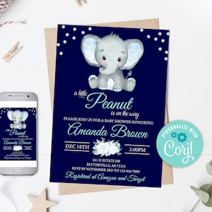 Editable Elephant Baby Shower Invitation Baby Elephant Boy Baby Shower Invite, Peanut Boy Invitation, Blue Elephant Baby Shower Invite 0166