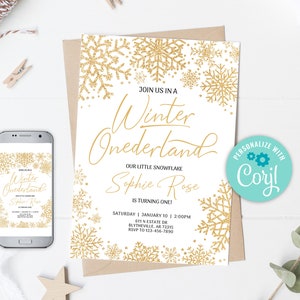Editable Winter Onederland Birthday Invitation, Snowflake Birthday Invitation, Winter Wonderland Birthday Invitation, Gold Snowflakes 0131