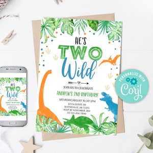 May include: A printable invitation for a dinosaur themed birthday party. The invitation is green, blue, and orange with a watercolour background. The text on the invitation reads "He's Two Wild" and includes details for the party, including the date, time, and location. The invitation is personalised with the name "Coril".