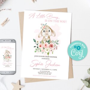 Editable Bunny Baby Shower Invitation Girl Bunny Baby Shower Invitation Pink Floral Baby Shower Invitation Pink Bunny Invitation 0146