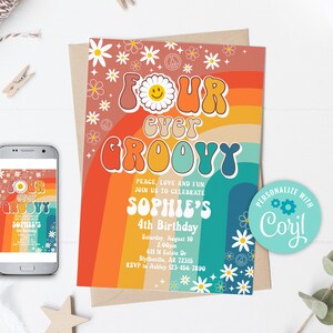 Editable Four Ever Groovy Birthday Party Invitation Daisy Hippie 70&#39;s Retro 4th Birthday Invitation Groovy Rainbow Party Invitation 0170