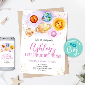 Editable Space First Birthday Party Invitation First Trip Around the Sun Galaxy  Moon Planets Birthday Invitation Outer Space Party 0142