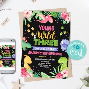 EDITABLE Young Wild and Three Birthday Invitation, Girl Dinosaur Birthday Invitation, Dino Birthday Invite, Pink Dinosaur Invitation 0135