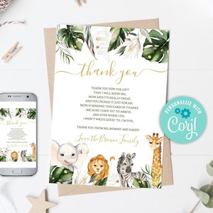 Tarjeta de agradecimiento de animales SALVAJES EDITABLE, Tarjeta de agradecimiento de Baby Shower de la selva, Tarjeta de agradecimiento de Safari, Animales de fiesta León Jirafa Elefante 0130