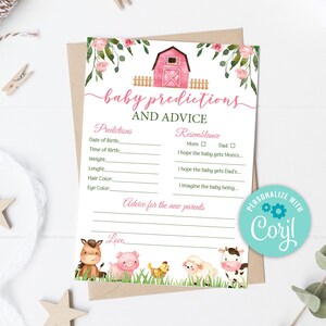 Modèle de prédictions et de conseils de ferme modifiable, cartes de prédiction de bébé de ferme rose, carte de jeu de conseils pour maman et papa, modèle de prédiction 0106