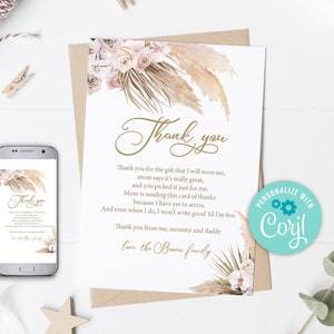 Editable Pampas Grass Thank You Card Pampas Grass Baby Shower Thank You Boho Shower Thank You Card, Tropical Desert Thank You Card 0165