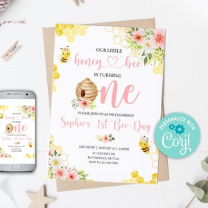 Editable Bee Birthday Invitation Bumble Bee Birthday Party First Bee-Day Honey Bee Birthday Invite Bee Invitation Sweet to Bee One 0148