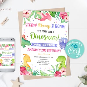 EDITABLE Girl Dinosaur Birthday Invitation, Wild One Birthday Invitation, Dino Birthday invitations, Pink Dinosaur Birthday Invitation 0135